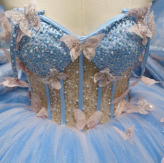 Chic & Modern Ball Gown Sweetheart Neck 3D Butterfly Lace Applique Beaded Sky Blue Tulle Quinceanera Dresses Princess Birthday Party Gown For Sweet 16