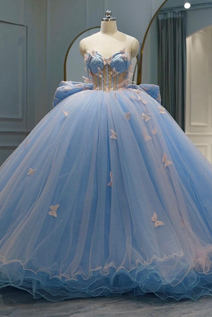 Chic & Modern Ball Gown Sweetheart Neck 3D Butterfly Lace Applique Beaded Sky Blue Tulle Quinceanera Dresses Princess Birthday Party Gown For Sweet 16