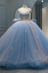 Chic & Modern Ball Gown Sweetheart Neck 3D Butterfly Lace Applique Beaded Sky Blue Tulle Quinceanera Dresses Princess Birthday Party Gown For Sweet 16