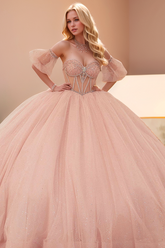 Chic & Modern Ball Gown Sweetheart Neck Detachable Half Lantern Sleeves Beaded Sequins Bow Knots Baby Pink Glitter Tulle Quinceanera Dress Birthday Party Princess Dress For Sweet 16