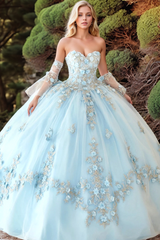 Chic & Modern Ball Gown Sweetheart Neck Detachable Long Bell Sleeves 3D Flower Appliques Lace Up Sky Blue Tulle Quinceanera Dress Formal Evening Party Gown For Sweet 16