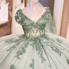 Chic & Modern Ball Gown V Neck Lace Appliques Beaded Bow Knot Mint Green Tulle Quinceanera Dress Birthday Party Gown For Sweet 16