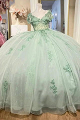 Chic & Modern Ball Gown V Neck Lace Appliques Beaded Bow Knot Mint Green Tulle Quinceanera Dress Birthday Party Gown For Sweet 16