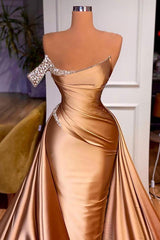 Chic One Shoulder Beaded Mermaid Prom Dress With Court Train