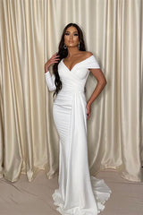Chic White Evening Dress One Shoulder Off the Shoulder with Pleats