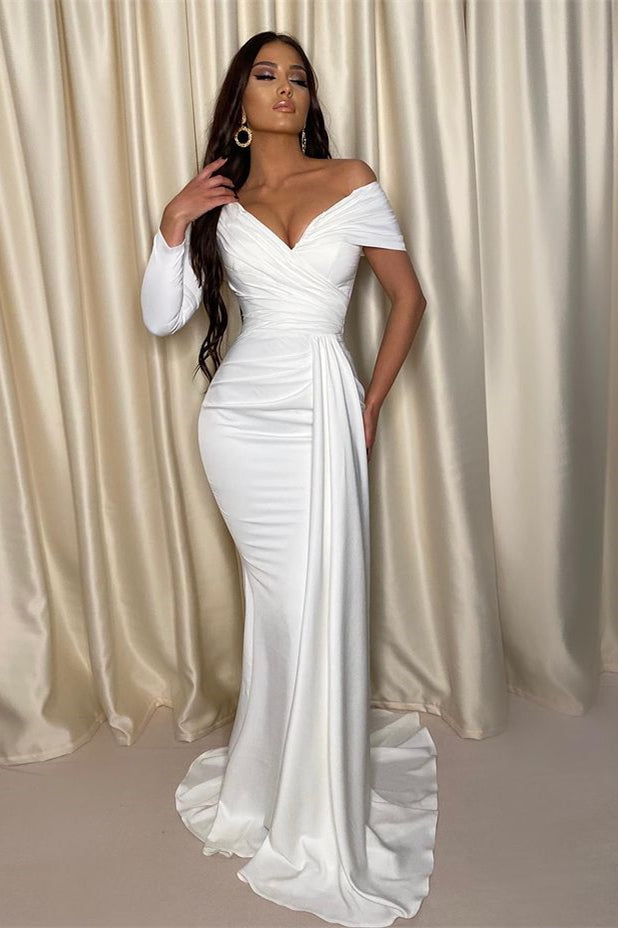 Chic White Evening Dress One Shoulder Off the Shoulder with Pleats