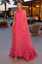 Chiffon A-Line Evening Dress with Cape and Feather Trim