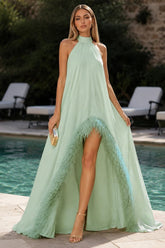 Chiffon A-Line Halter Evening Dress with Feather Fringe Hem and High Slit