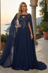 Chiffon A-Line Mother of the Bride Dress with Lace Bodice and Cape Sleeves