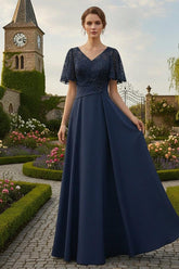 Satin A-Line Mother of the Bride Dress with Flutter Sleeves