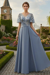 Satin A-Line Mother of the Bride Dress with Sequin Bodice and Flutter Sleeves