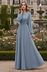 Chiffon A-Line Mother of the Bride Dress with Bishop Sleeves and Pleats