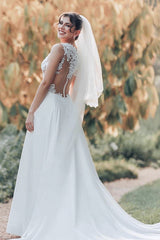 Chiffon A Line Wedding Dress with Lace Bodice and Illusion Back