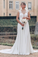Chiffon A Line Wedding Dress with Lace Bodice and Illusion Back