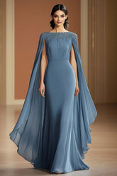Chiffon Long Grey Blue Wedding Guest Dress Sheath Formal Dress With Shawl