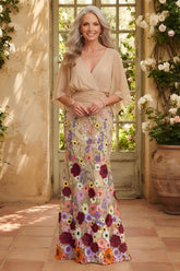 Chiffon Mermaid Mother of the Bride Dress with Floral Embroidery and V-Neck