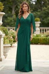 Chiffon Mermaid Mother of the Bride Dress with Lace V-Neck and Cape Sleeves
