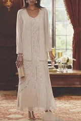 Chiffon Mother of the Bride Dress 3/4 Sleeve Wedding Guest Dress with Beadings