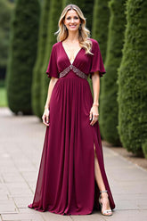 Chiffon V-Neck Burgundy Wedding Guest Dress Formal Dress With Beading