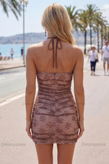 Chocolate Brown Halter Beaded Ruched Tight Short Homecoming Dress