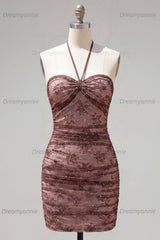 Chocolate Brown Halter Beaded Ruched Tight Short Homecoming Dress