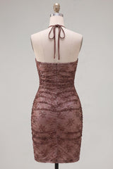 Chocolate Halter Ruched Tight Short Homecoming Dress with Beading