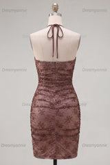 Chocolate Brown Halter Beaded Ruched Tight Short Homecoming Dress