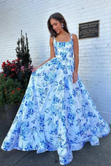 Classic Blue Floral A-Line Square Neck Backless Long Prom Gown Formal Evening Gown