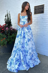 Classic Blue Floral A-Line Square Neck Backless Long Prom Gown Formal Evening Gown