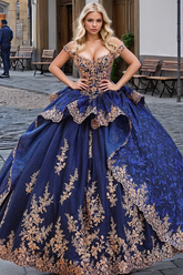 Classic & Eleant Ball Gown Off Shoulder Sleeveless Gold Flowers Appliques Ruffles Tiered Navy Blue Tulle Quinceanera Dress Formal Evening Party Dress Cocktail Dress For Sweet 16