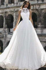 Classic High Neck Sleeveless Appliques A Line Floor Length Wedding Dress