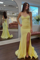 Classic Mermaid Sweetheart Yellow Long Prom Dress With Split Front Open Back Formal Evening Gown