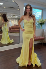 Classic Mermaid Sweetheart Yellow Long Prom Dress With Split Front Open Back Formal Evening Gown