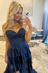 Classic Navy Blue A-Line Sweetheart Corset Prom Dress With Tiered Skirt Formal Evening Gown