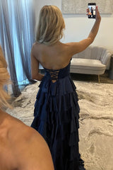Classic Navy Blue A-Line Sweetheart Corset Prom Dress With Tiered Skirt Formal Evening Gown