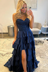 Classic Navy Blue A-Line Sweetheart Corset Prom Dress With Tiered Skirt Formal Evening Gown