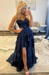 Classic Navy Blue A-Line Sweetheart Corset Prom Dress With Tiered Skirt Formal Evening Gown