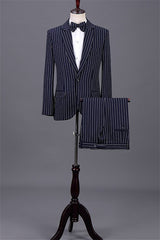 Classic Navy Blue Notched Lapel 2 Piece Striped Business Suit