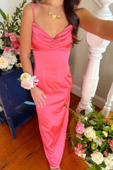 Classic Sheath Spaghetti Straps Candy Pink Long Prom Dress With Ruched Formal Evening Gown