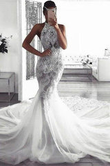 Classic Sleeveless Halter Wedding Dress Mermaid Tulle Bridal Dress