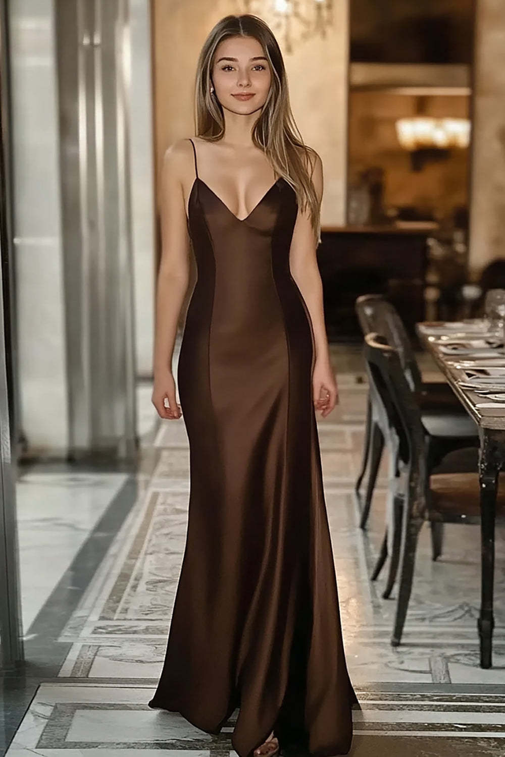 Coffee Formal Dress Satin Spaghetti Straps Mermaid Long Wedding Guest Dress
