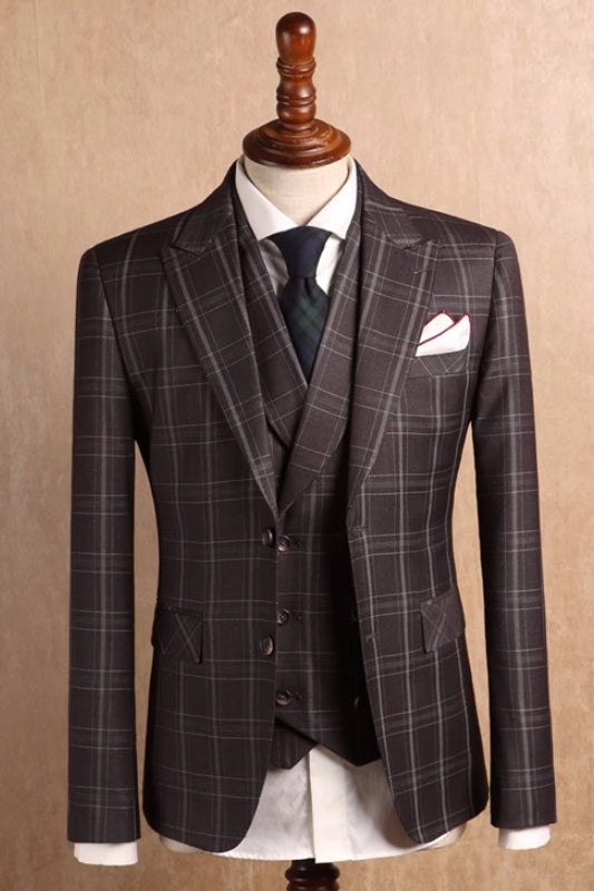 Coffee Plaid Three Piece Peaked Lapel Prom Suit
