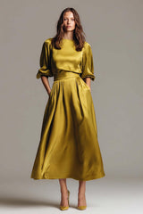 Coffee Satin Half Sleeves A-Line Long Evening Dress