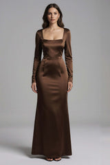 Coffee Satin Mermaid Square Neck Long Evening Dress With Sleeves