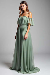 Cold Shoulder A Line Dusty Sage Wedding Guest Dress Long Formal Dress