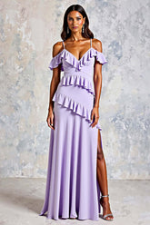 Cold Shoulder Lilac Ruffled Long Chiffon Formal Dress