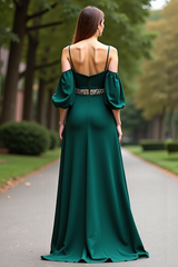 Cold Shoulder Satin Dark Green Wedding Guest Dress Long Formal Dress