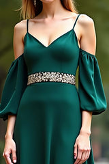 Cold Shoulder Satin Dark Green Wedding Guest Dress Long Formal Dress