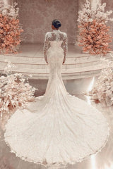 Column Lace High Neck Long Sleeve White Wedding Dress Long Bridal Gown With Appliques Train