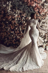 Column Lace High Neck Sleeve White Wedding Dress Bridal Gown With Appliques Train